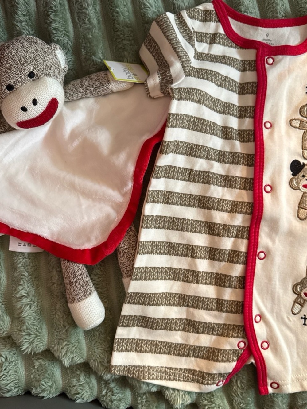 Sock Monkey Baby Romper with Red Trim
